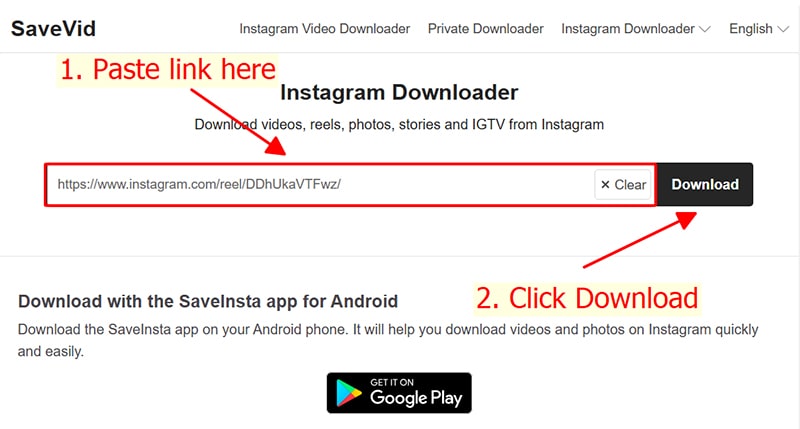 paste instagram link to savevid